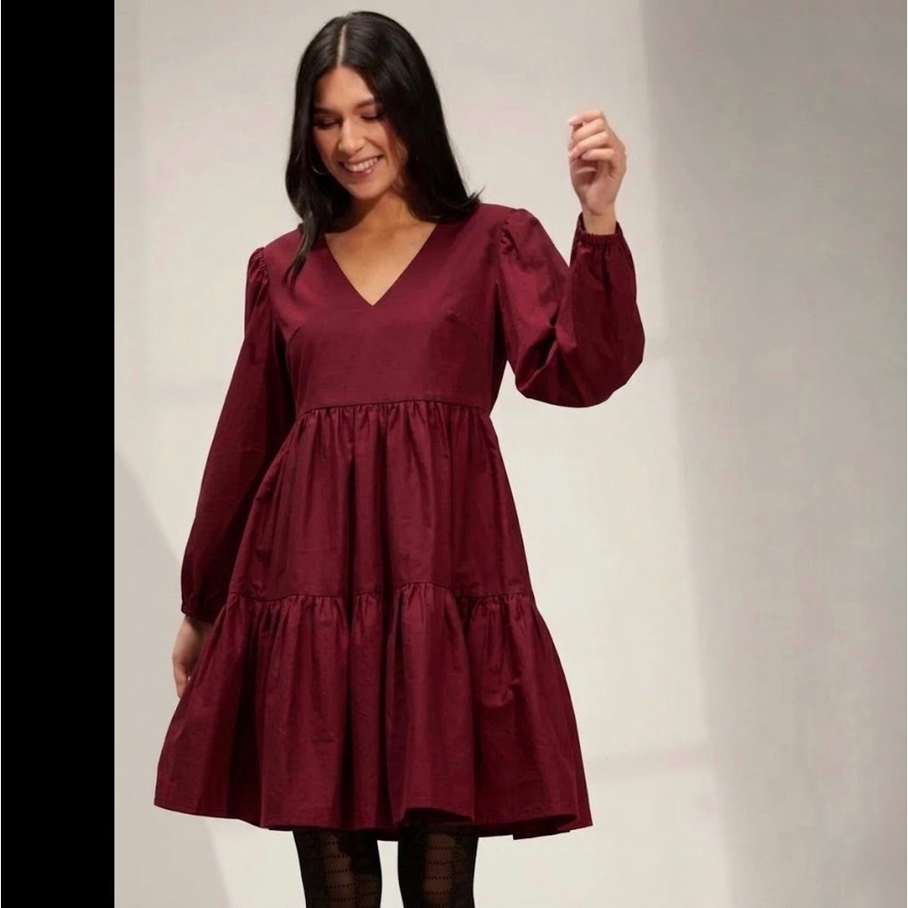 Emma Knudsen | Frankie Burgundy Tiered Babydoll V-Neck Long Sleeve Dress Size 2X